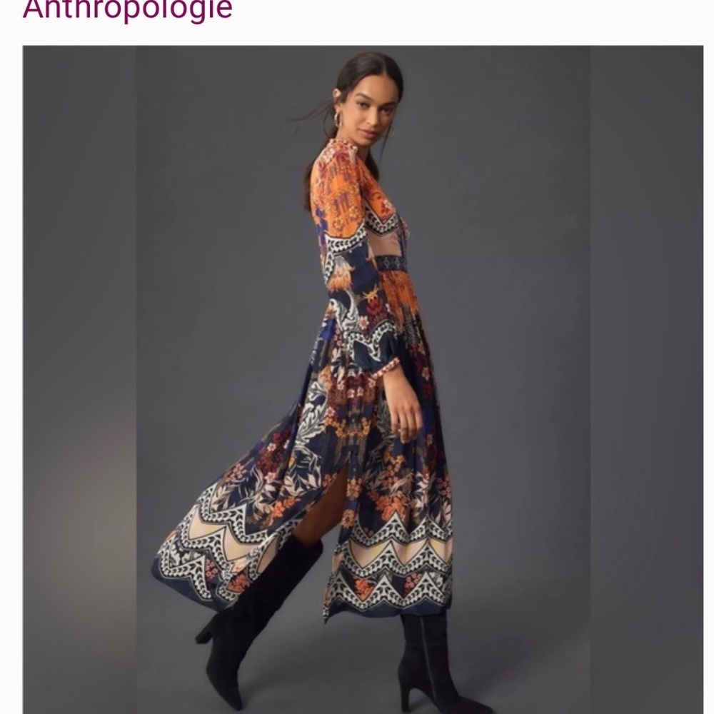 Anthropologie Orange & Navy Floral Maxi Dress - Picture 2 of 5